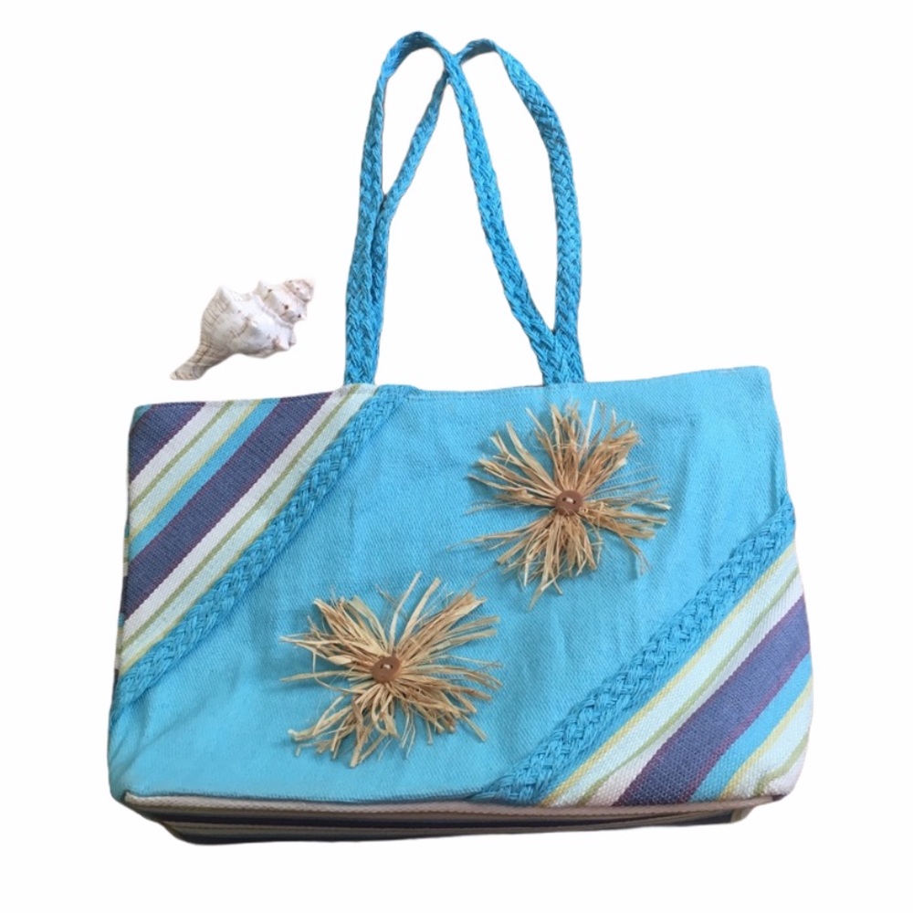 Woven Straw Tote Bag Top Handle Beach Bag Turquoise White Beaded Shell Embroider